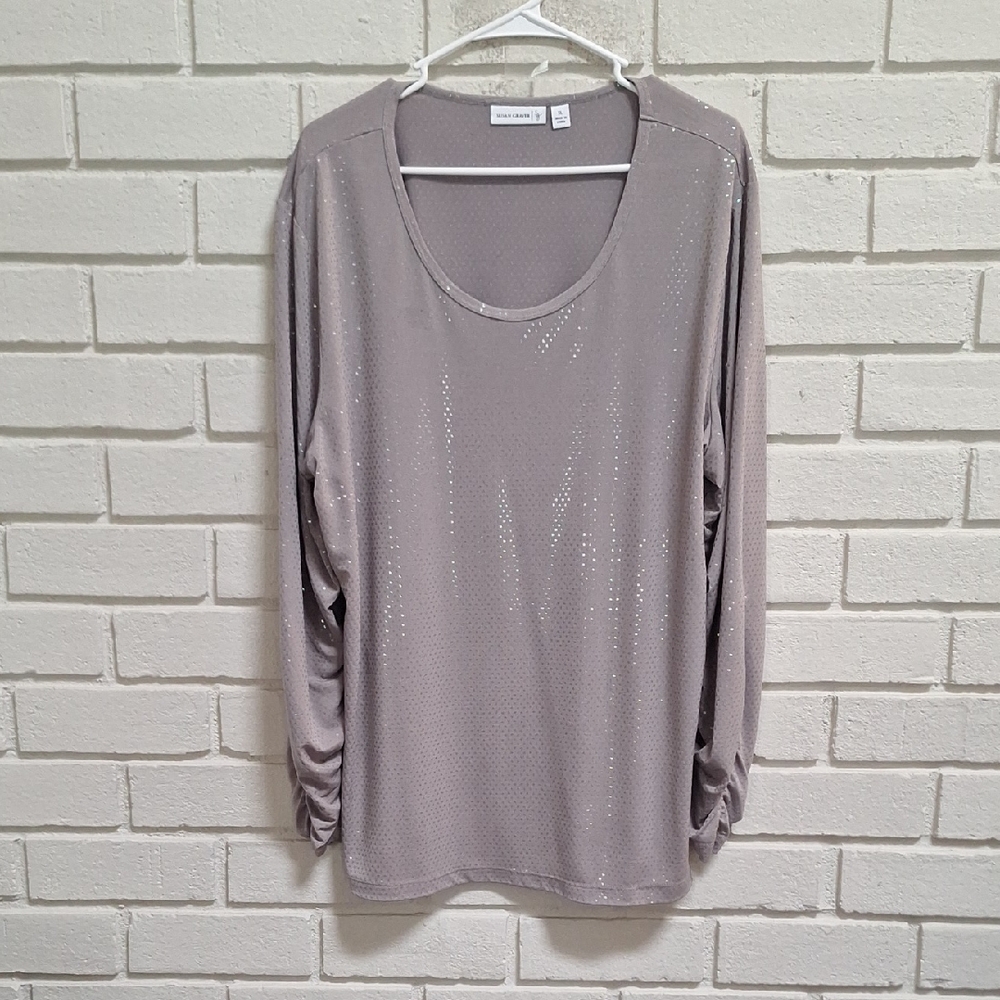 Susan Graver Shimmering Silver Long Ruched Sleeve Blouse. Size XL